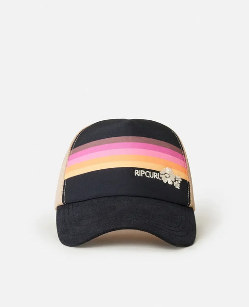Rip Curl black trucker cap with pink and yellow stripes and hibiscus logo on the front