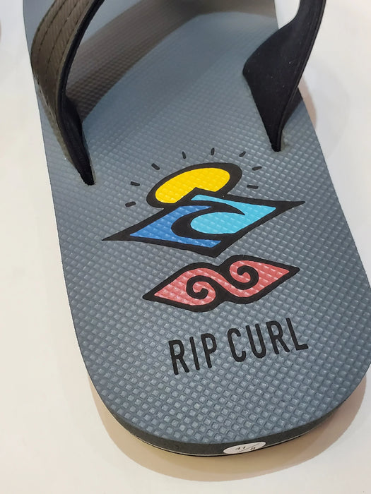 Rip Curl open toe flip flop with blue and grey footbed and colorful logo detail