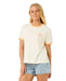 Rip Curl ringer tee in bone with orange trim, women's surf clothing, model in denim shorts