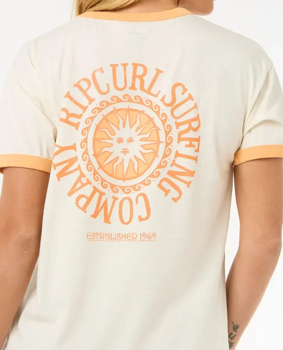 Rip Curl ringer tee in bone with retro sun graphic and orange trim, surf clothing