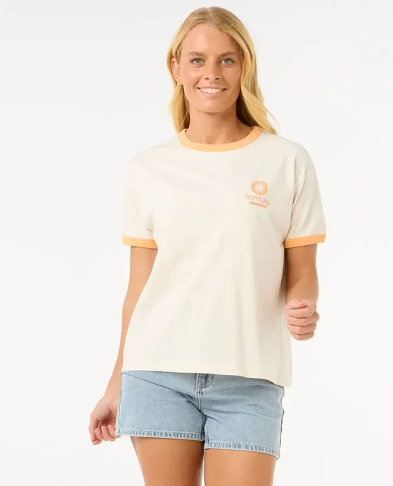 Rip Curl women's ringer tee in bone with orange trim, surf clothing, casual summer wear