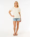 Rip Curl San Carlos ringer tee in bone with peach trim, worn by woman, surf clothing