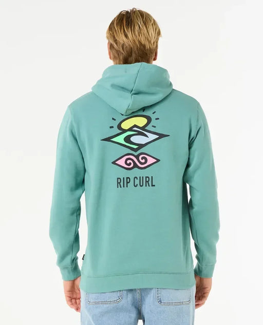 Rip Curl blue lagoon mens hoodie with graphic surf logo, watersports surf clothing
