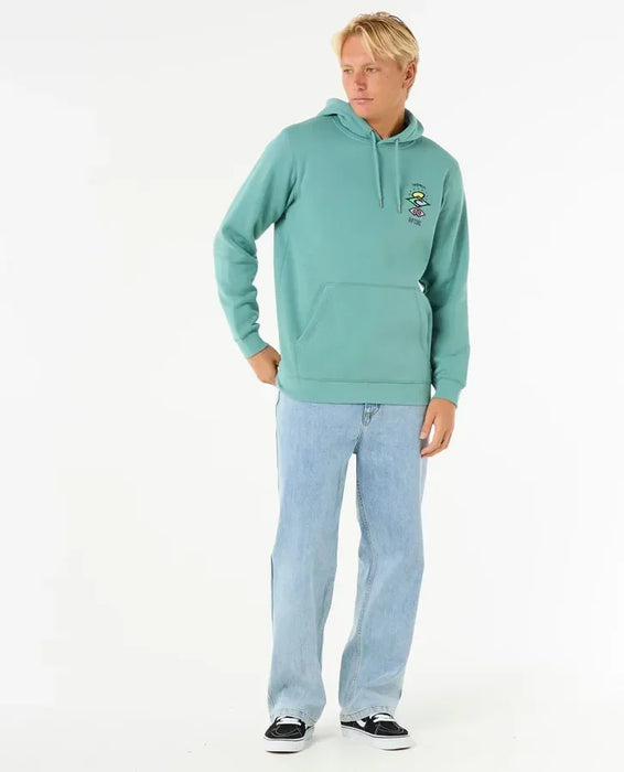Rip Curl Search Icon blue lagoon hoody surf clothing with chest logo, worn by man