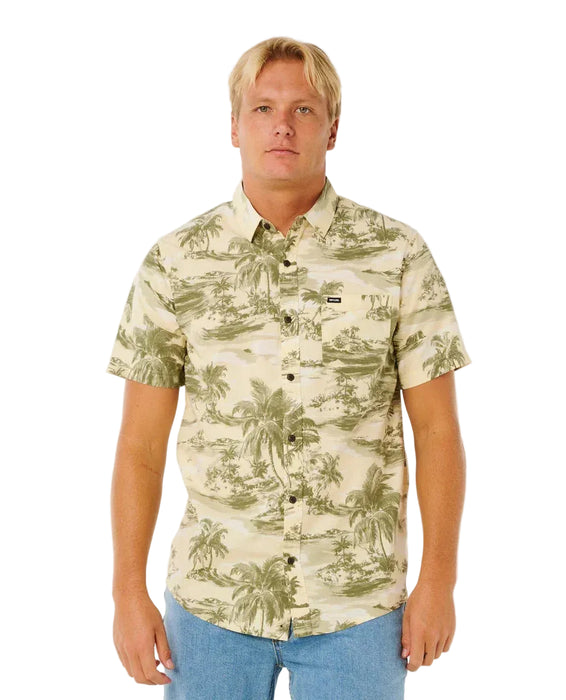 Rip Curl men's short sleeve shirt, vintage white with green tropical print, surf style