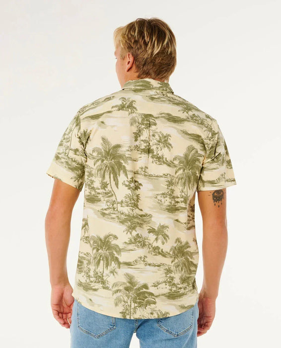 Rip Curl short sleeve shirt, vintage white with palm tree print, watersports casual wear