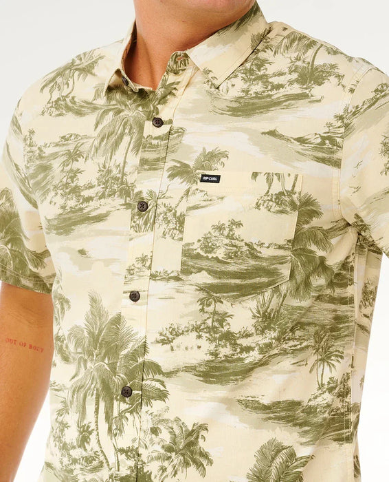 Rip Curl short sleeve shirt vintage white with green tropical palm print, chest pocket visible
