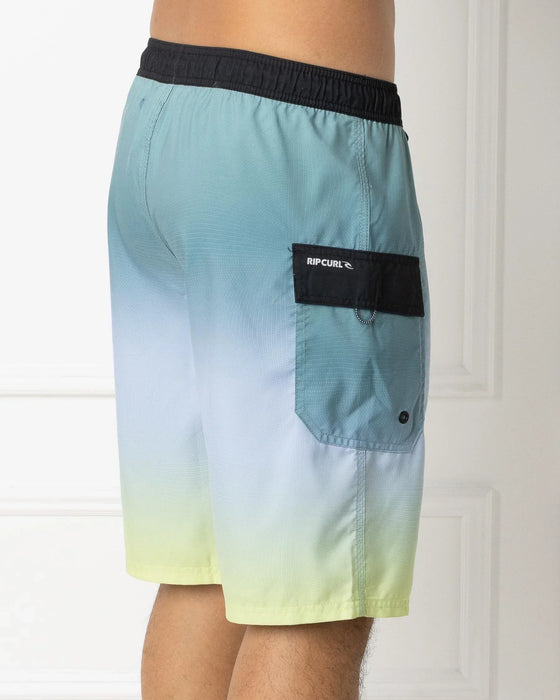 Rip Curl boardshorts blue lagoon gradient, black waistband, back pocket, surf swimwear