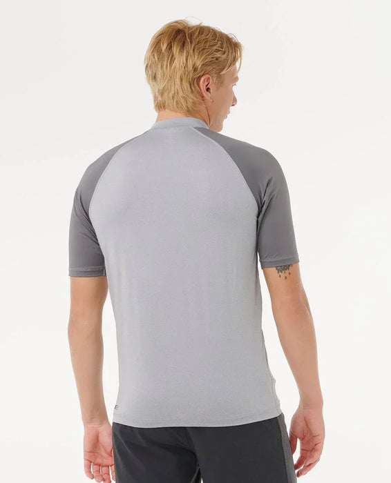 Rip Curl men's grey marle short sleeve UPF50 rash vest for watersports, rear view