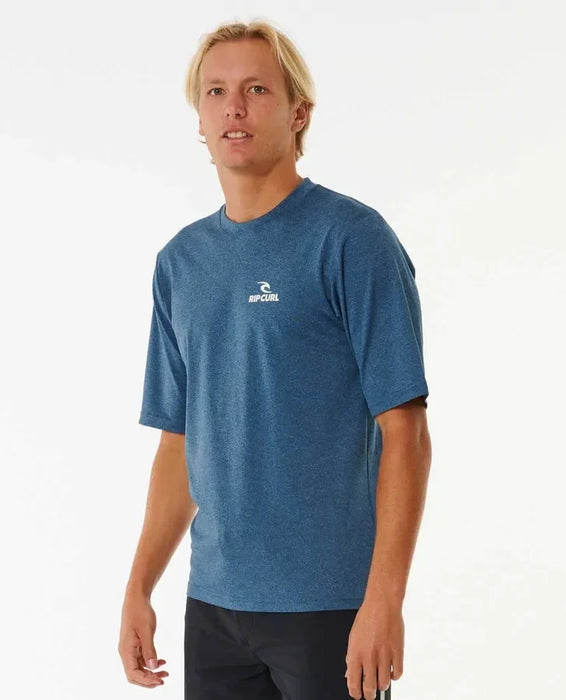 Rip Curl navy marle short sleeve rash vest for watersports, worn by male model