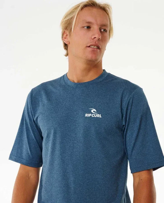 Rip Curl navy marle short sleeve rash vest for watersports, worn by male model