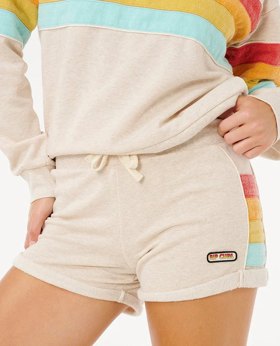 Rip Curl Surf Revival fleece shorts in oatmeal with rainbow stripe detail, drawstring waist