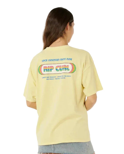 Rip Curl pastel yellow surf tee with retro back print, casual surf clothing