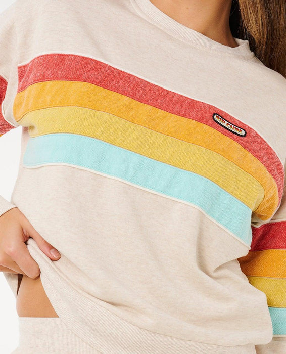 Rip Curl Surf Revival oatmeal crew sweatshirt with rainbow stripes, surf clothing
