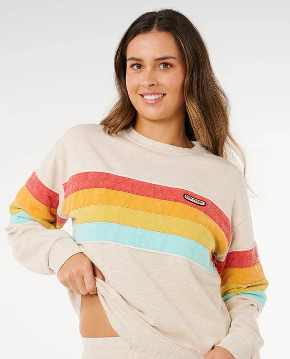 Rip Curl surf revival relaxed crew sweatshirt in oatmeal with colorful stripes, women's surf clothing