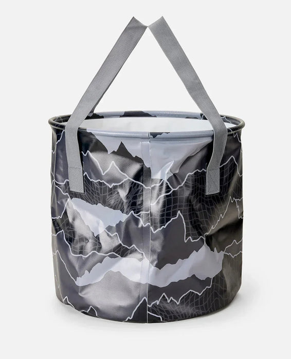 Rip Curl grey wetsuit bucket with handles and camo pattern, 50L surf gear storage