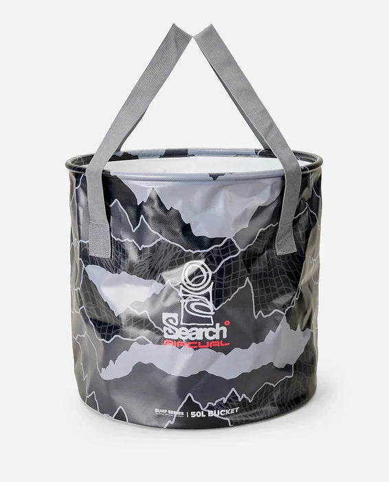 Rip Curl Surf Series 50L wetsuit bucket in grey with carry handles and mountain print