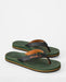 Rip Curl olive green open toe flip flops with black straps and orange logo