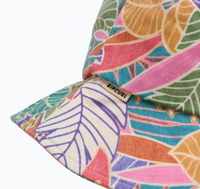 Rip Curl UPF bucket sun hat with multicolour tropical leaf print, close-up view