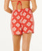 Rip Curl Ventura red women's boardshorts with white geometric patterns, back view