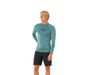 rip curl  teal long-sleeve rash guard and black shorts on a white background