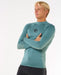 Rip Curl long sleeve bluish-green rash vest for watersports, worn by male model