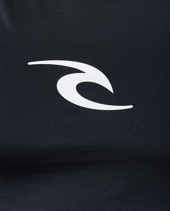 Rip Curl black UPF short sleeve rash vest with white wave logo, surf clothing
