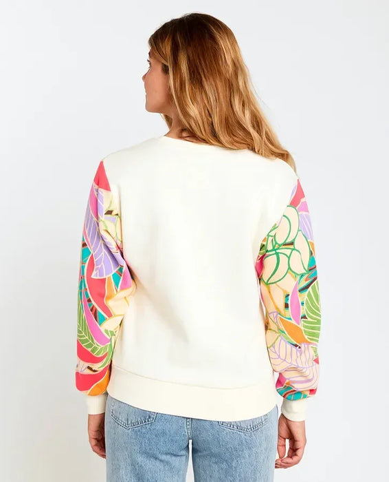 Rip Curl crew fleece sweatshirt with cream body and wavy multicolour print sleeves