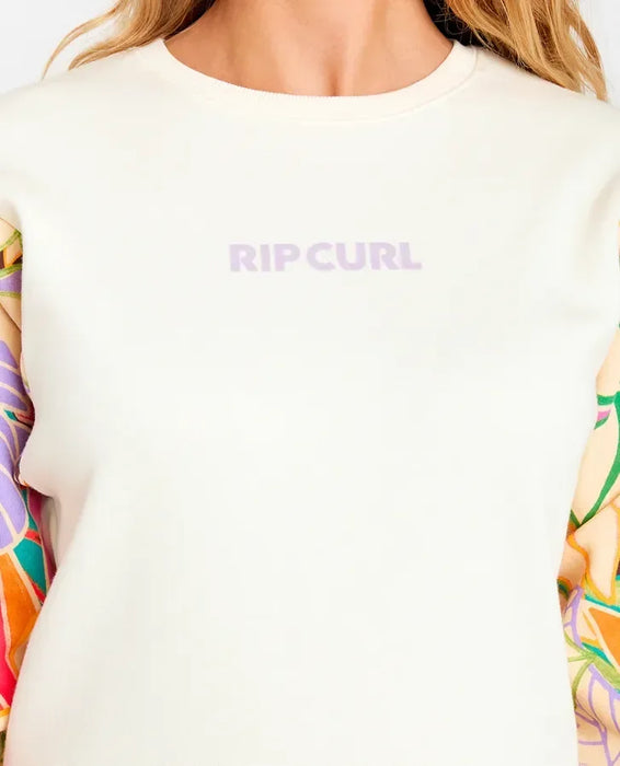 Rip Curl crew fleece sweatshirt with pastel logo and colourful wavy print sleeves