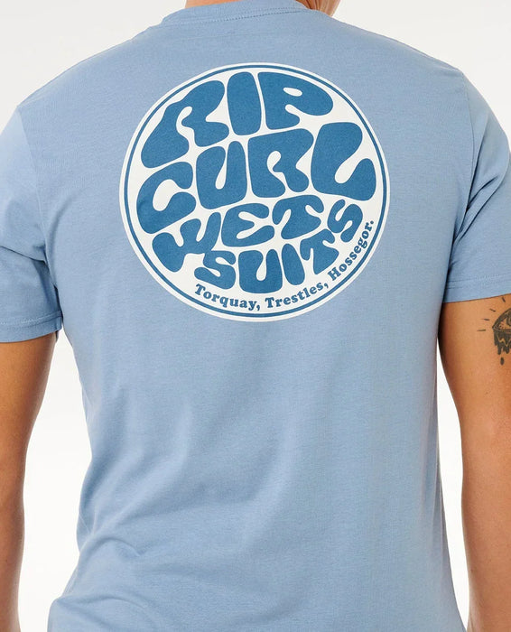 Rip Curl faded denim surf t-shirt with large wetsuits logo on back, short sleeve
