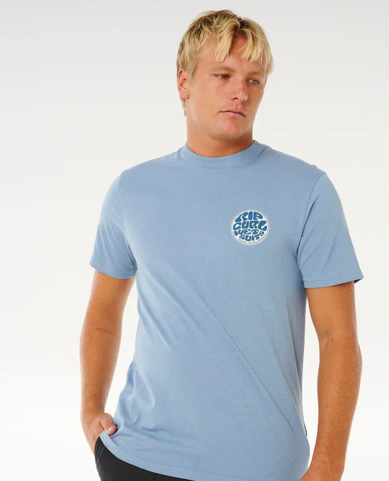 Rip Curl faded denim blue t-shirt with logo, surf clothing for watersports enthusiasts