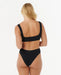 Rip Curl black one-piece swimsuit with textured fabric, shown from the back on female model