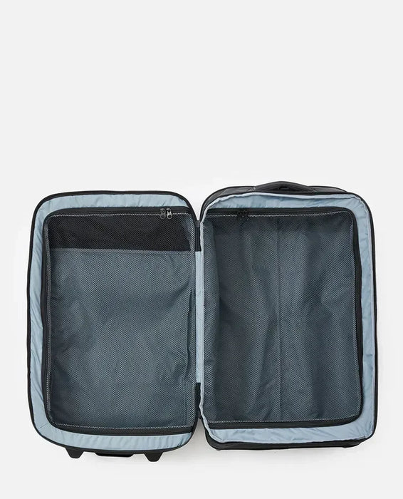 Rip Curl F-Light Global 100L travel bag open view, midnight blue, mesh compartments