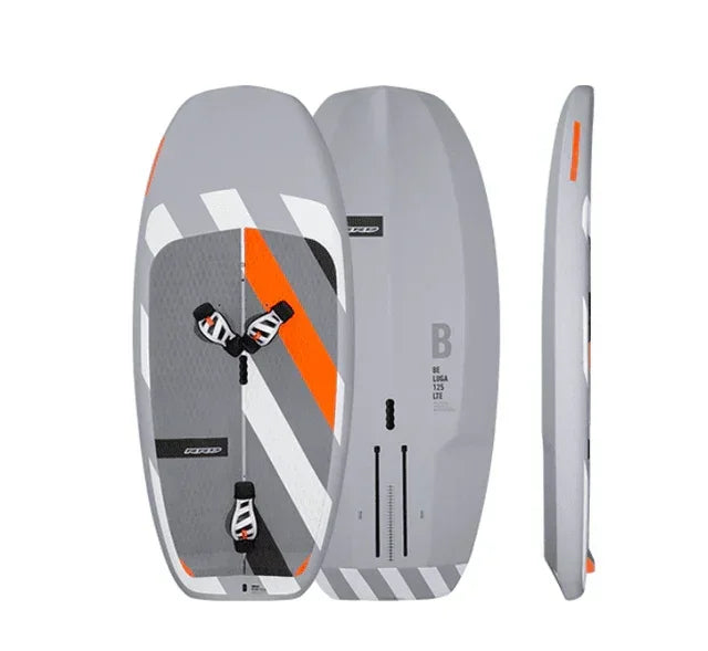 RRD Beluga Y27 wing foil board in grey with orange and white stripes, footstraps visible