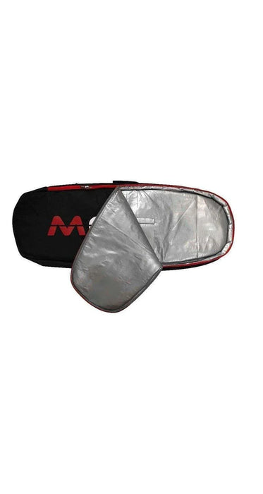 Sabfoil board bag for Race Board 135x40cm, black and silver padded cover, open to show interior.