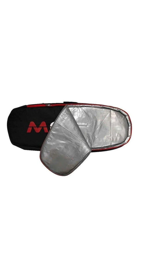 Sabfoil board bag for Race Board 135x40cm, black and silver padded cover, open to show interior.