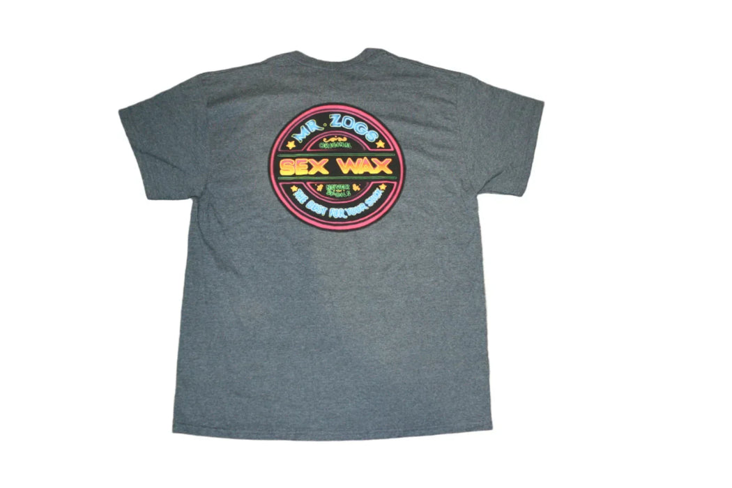 Mr. Zogs Sex Wax neon logo t-shirt in dark heather grey, surf clothing for watersports