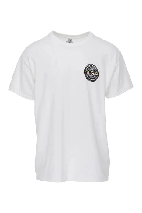 White Mr. Zogs Sex Wax surf t-shirt with round chest logo, surf clothing for watersports