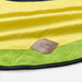 Slowtide beach towel with yellow and green stripes and logo patch visible