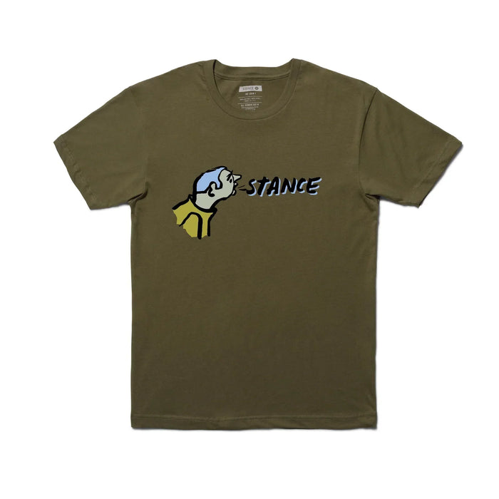 Stance military green tee with Russ Pope graphic and blue logo, surf clothing.
