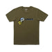 Stance military green tee with Russ Pope graphic and blue logo, surf clothing.