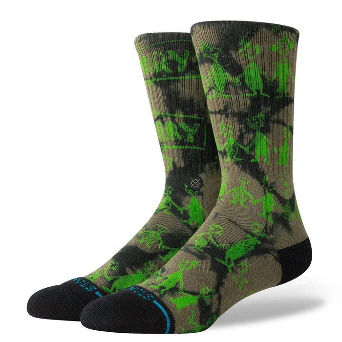 Stance crew socks with green Whoville character print on black and olive tie-dye background