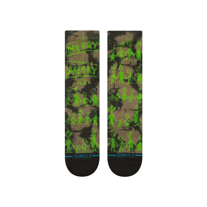 Stance crew socks, black and green Whoville print, Merry Merry text, watersports clothing