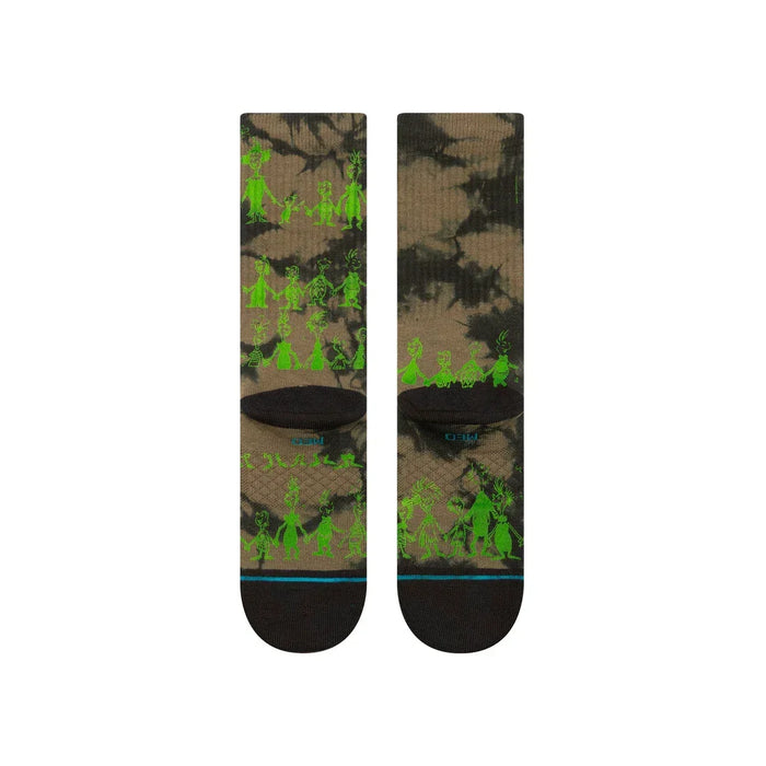 Stance crew socks with green Whoville character print and black toe on tie-dye background