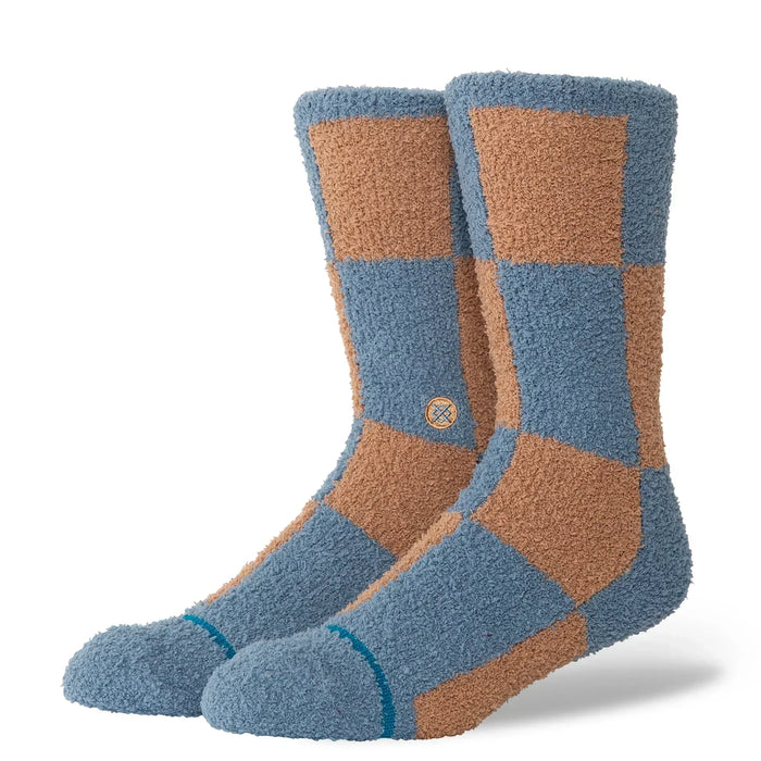 Stance Patchwork Cozy Crew socks, blue and tan checkered, fluffy texture.
