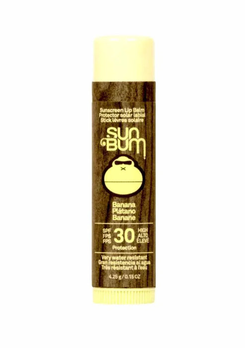 Sun Bum Banana SPF 30 sunscreen lip balm, brown tube with yellow cap, sun protection.