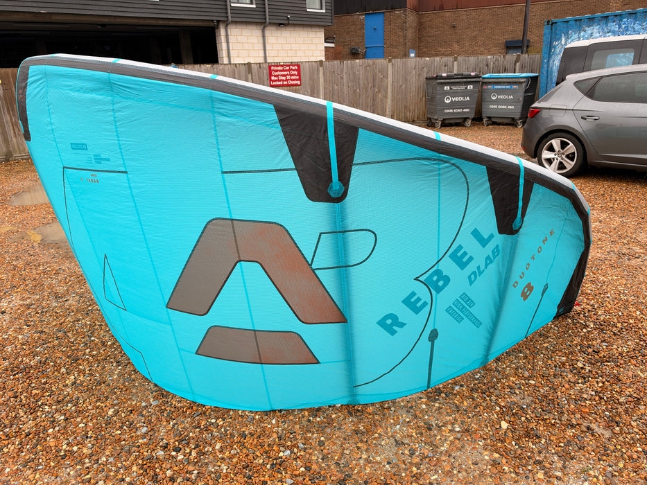 Duotone Rebel D/LAB 8m kite showing the turquoise canopy and grey leading edge