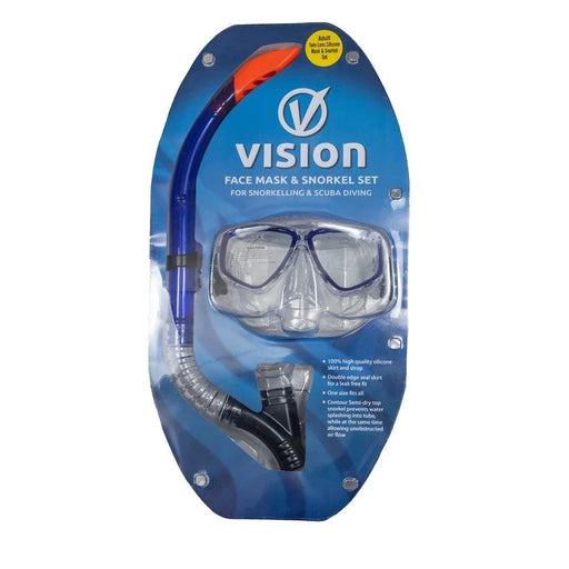 VISION Adult Silicone Mask and Snorkel Set in blue packaging for snorkeling and scuba diving
