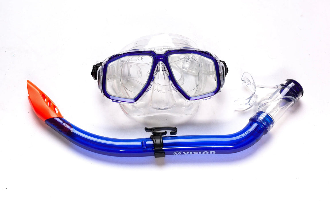 Vision Dive adult silicone mask and snorkel set with blue and orange accents