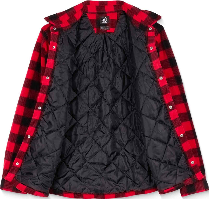 Volcom Bowered fleece shirt in red and black check with quilted lining, surf clothing